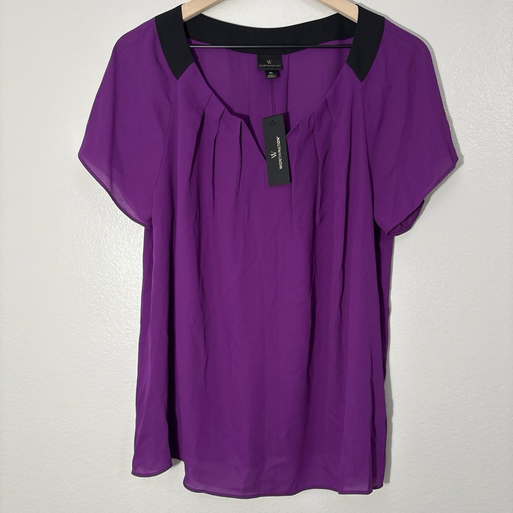 NWT Worthington Blouse Womens XL Semi Sheer Short Sleeve Pleated Purple Top